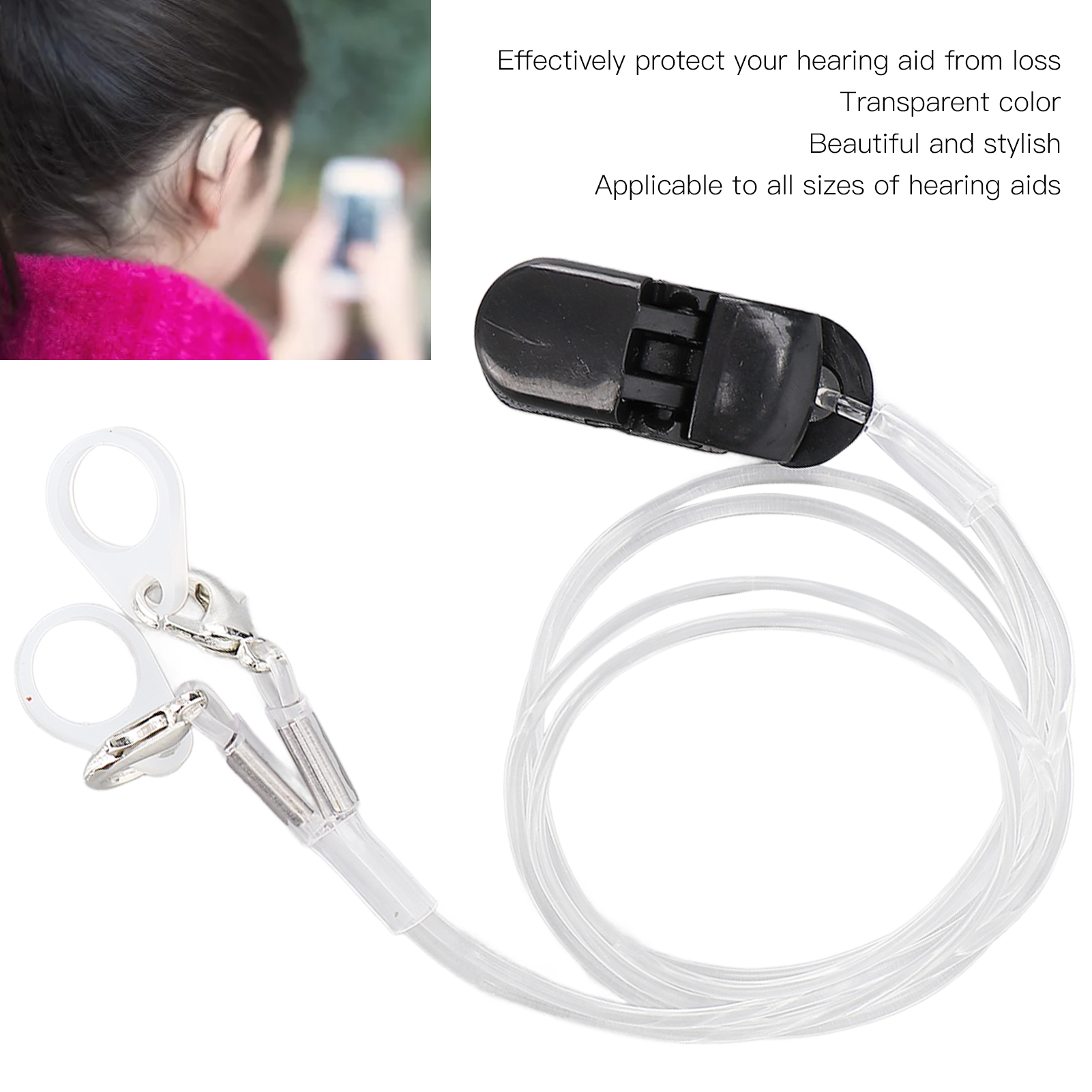 Description Picture 2 of itemHearing Aids Clip Holder Transparent 2 Rings Anti-Lost Lanyard Safety Behind The Ear Hearing Aids Accessory for Children Adult