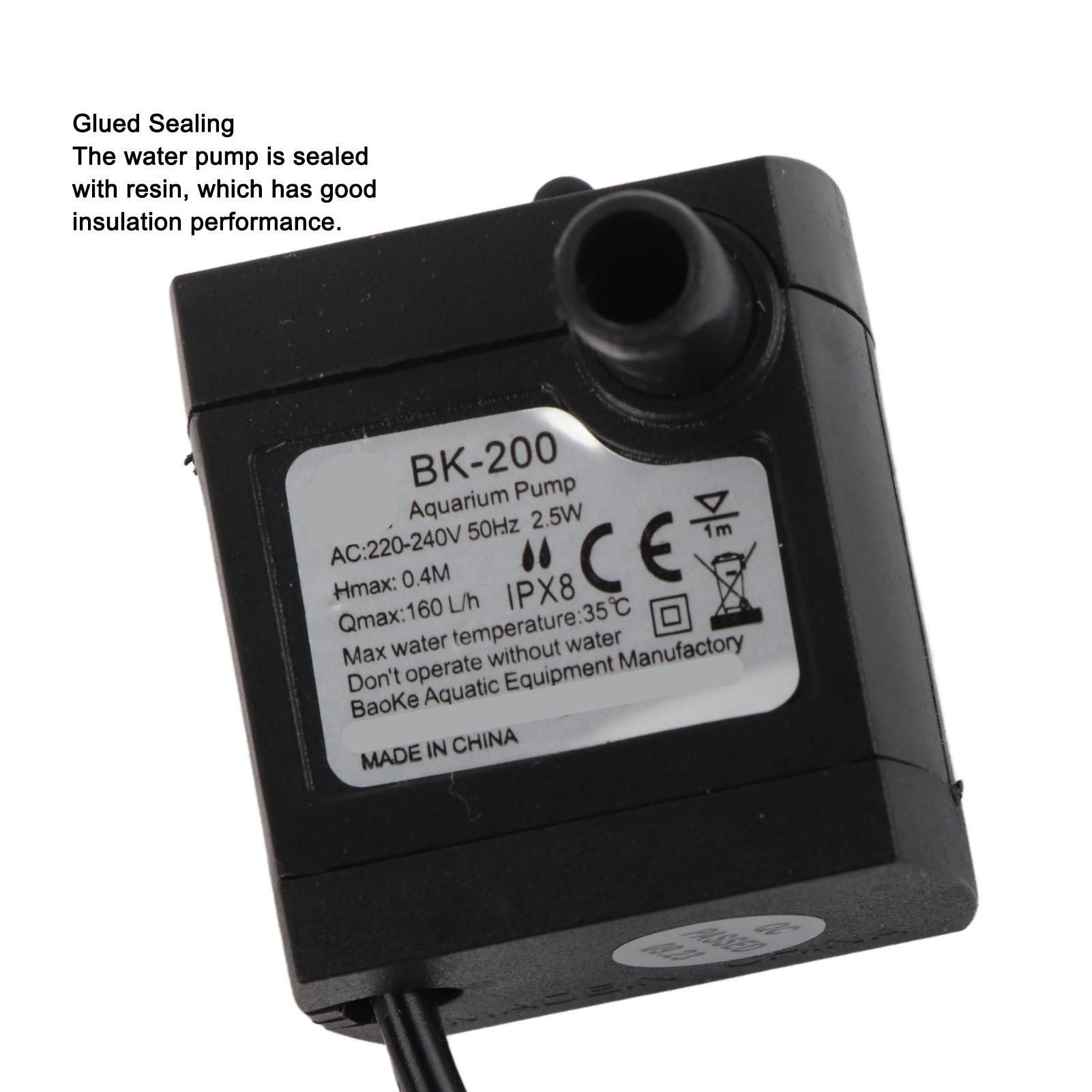 Close-up of the BK-200 pump label with specifications and 'Glued Sealing' text