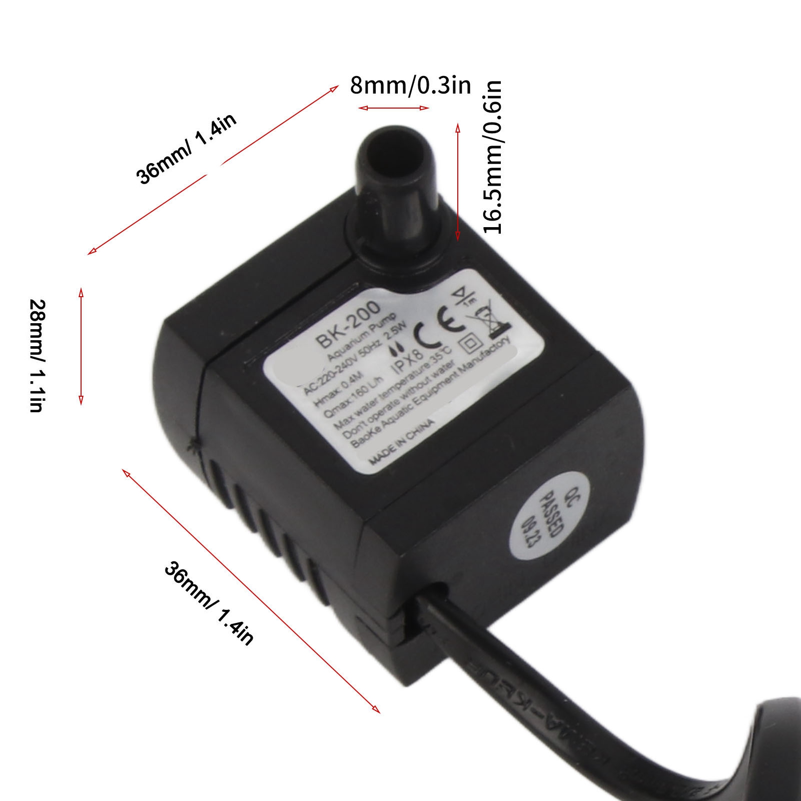 Diagram showing the dimensions of the BK-200 pump