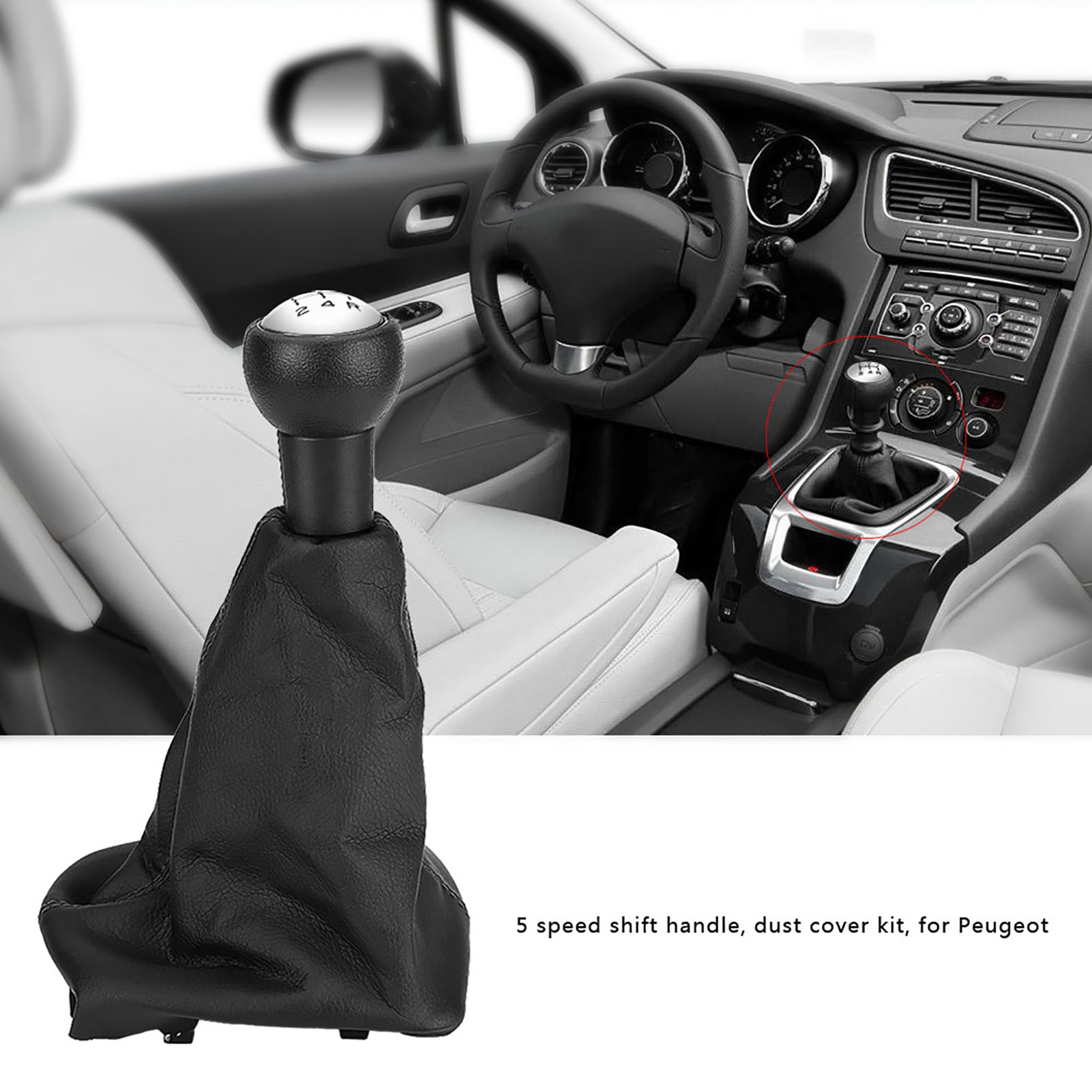 Leather Gear Shift Knob,5 Speed Gear Shift Stick Knob Dust-proof Cover Gaiter Boot Leather for Peugeot 207/307/406, Black Gear Shift