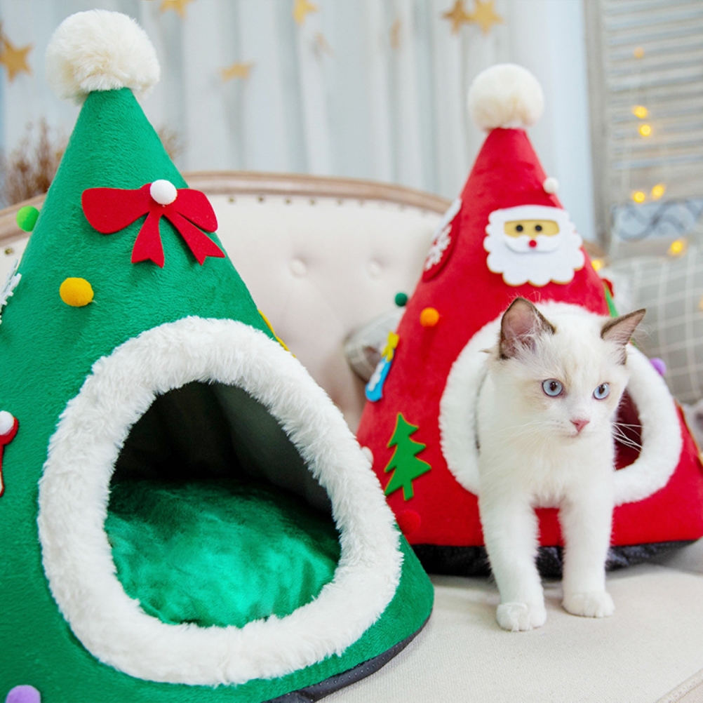 Lit Pour Chat De Noël - 68x38x28 Cm - Nid Douillet En Peluche, Déco Festive, Housse Amovible