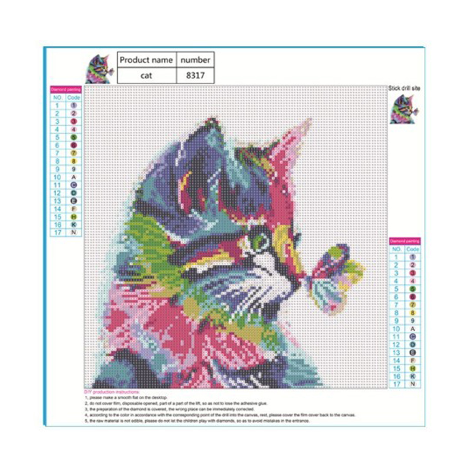 （智利专卖）8317【40*40】满钻 DIY钻石画 彩色猫咪满钻客厅卧室挂画