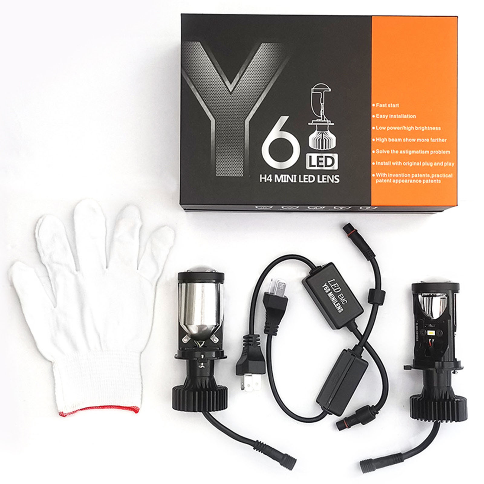 （东南亚专卖）新款Y6D Y8 Y7D H4透镜汽车摩托车通用LED大灯鱼眼灯远近光12-24VY7D-H4