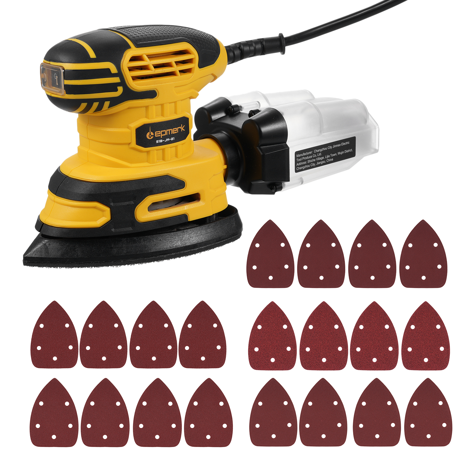 [通拓商品]细节砂光机 13000 OPM紧凑型电动砂光机 带除尘器 220W 1.6Amp电动砂光机 带20张砂光纸和RRA透明防尘盒 适用于狭小空间的木工 S1B-JM-21 黄色 欧规