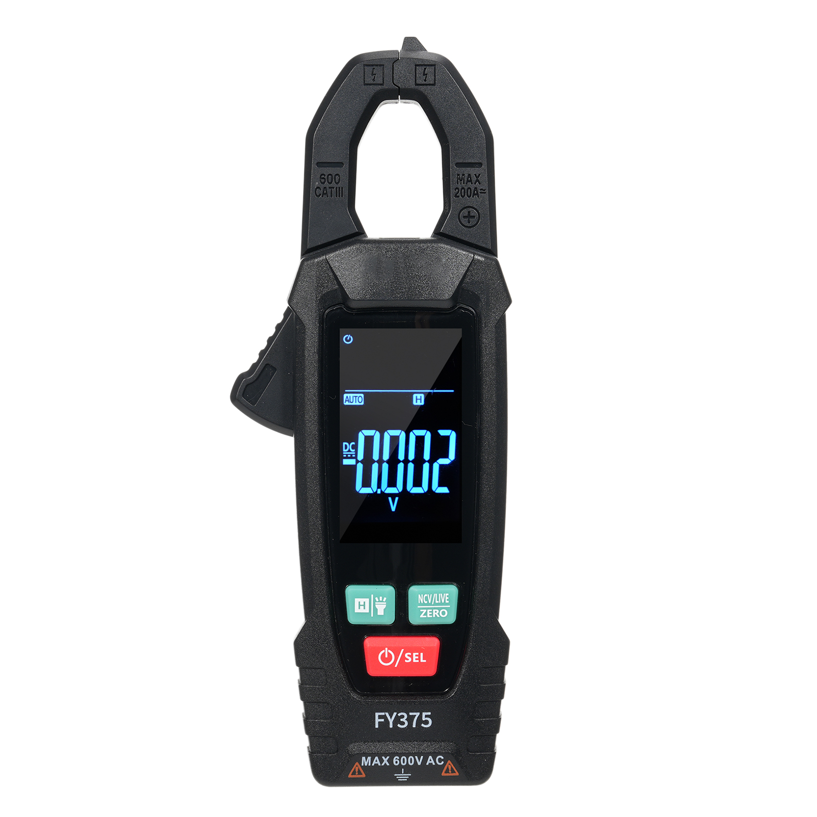 [通拓商品]FY375 交直流钳形表带LCD显示屏 多功能数显钳形表 5999计数 自动/手动量程 NCV测量 可测交直流电流/交直流电压/电阻/电容/频率/温度/二极管测试/连续性/火线测试 带自动关机和手电筒功能 发货不带电池 黑色