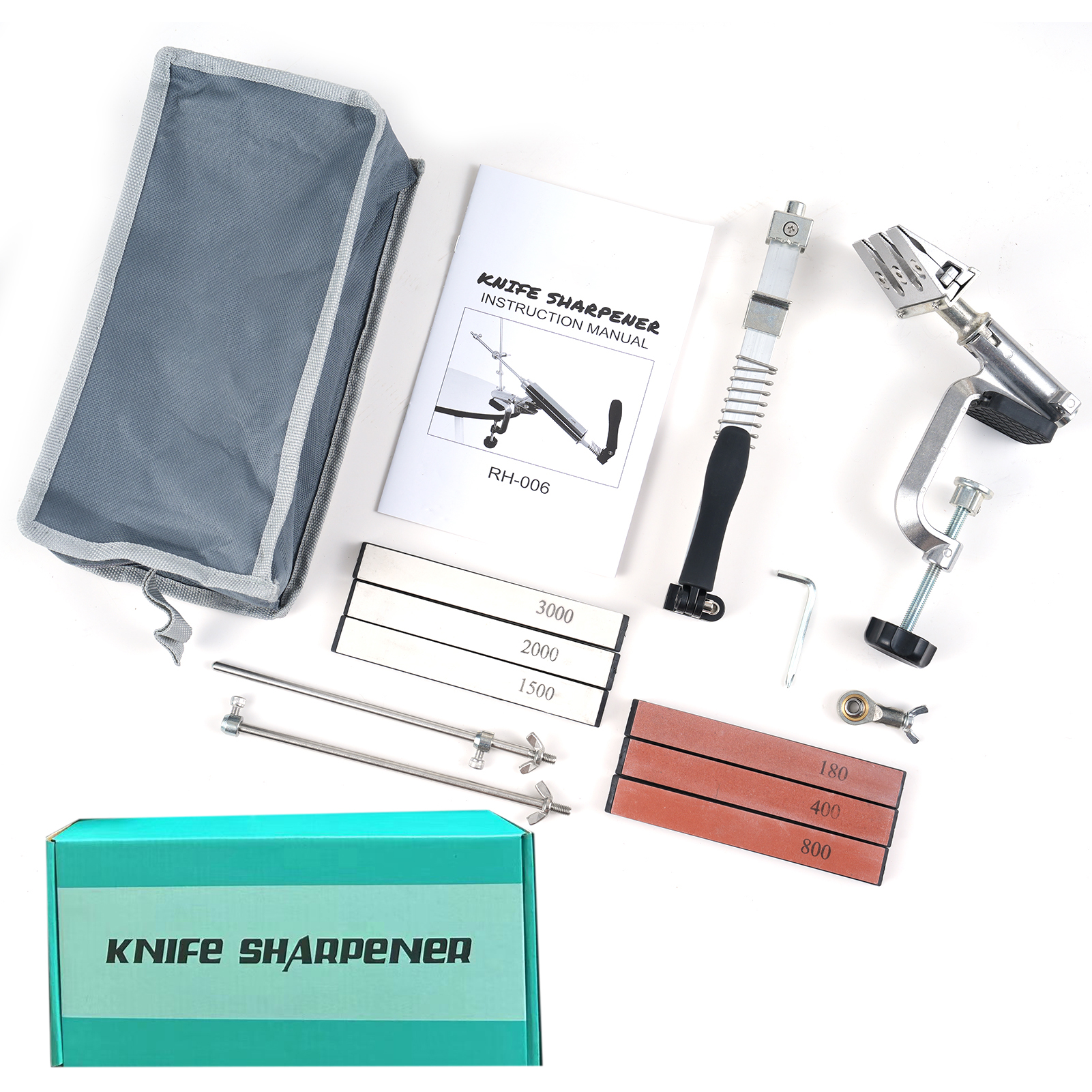 (有视频) 金属定角磨刀器夹具 可翻转适用各种刀具 360&deg;旋转枢轴 RH-006 A款 带6块磨石 (180#/400#/800#/1500#/2000#/3000#) 中性