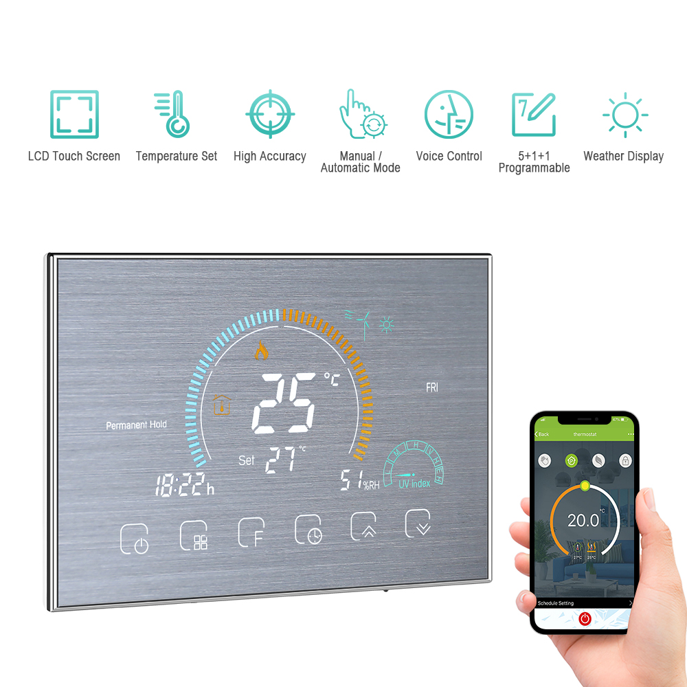 [通拓商品]95-240V Wifi智能程控温控器 5+1+1 6时段编程 语音&APP控制 背光LCD锅炉采暖温控器 紫外线指数/湿度显示/锁定功能 兼容Amazon Echo/Google Home/Tmall Genie 暗盒式锅炉温控器BHT-8000-GCLW黑色
