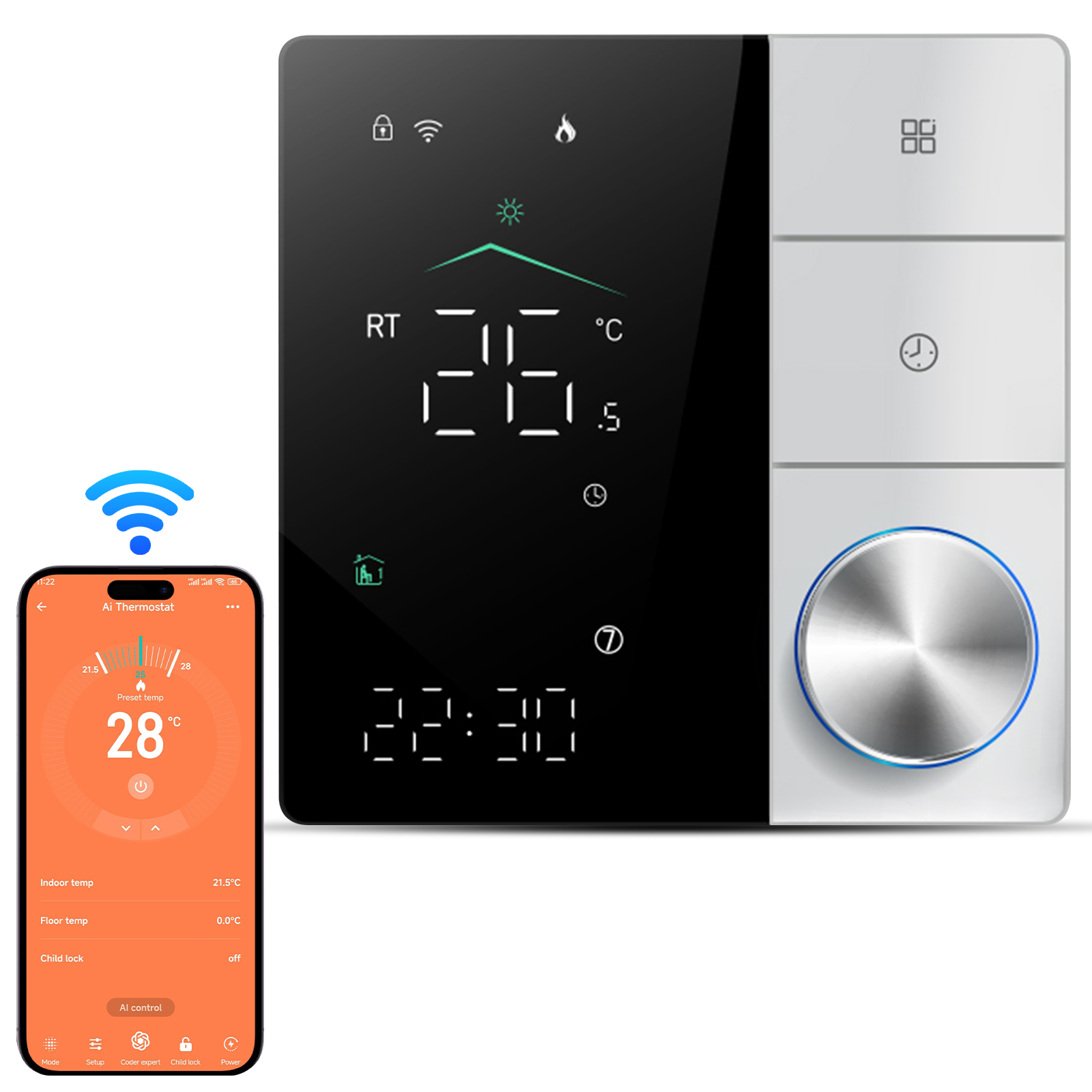 BHT-18GBLW-Ai智能地暖温控器 家用WiFi电暖智能恒温器 AI智能学习 APP控制节能省钱 LED触摸护眼大屏 可调大旋钮 可编程恒温器 黑色