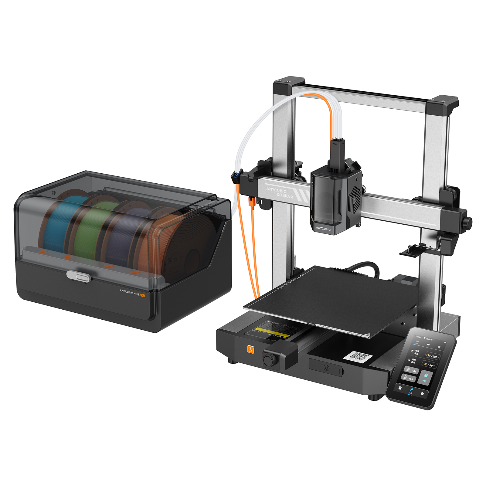 Anycubic kobra 3 combo 3D打印机 配多色盒子ACE Pro 速度可达600 mm/s ,4-8种多颜色打印, LeviQ 3.0自动调平,4.3寸触控屏,打印尺寸250x250x 265mm, PEI 打印平台 兼容耗材PLA/ PETG/ ABS/ASA/ PET/ PA/ PC/ PP/ H