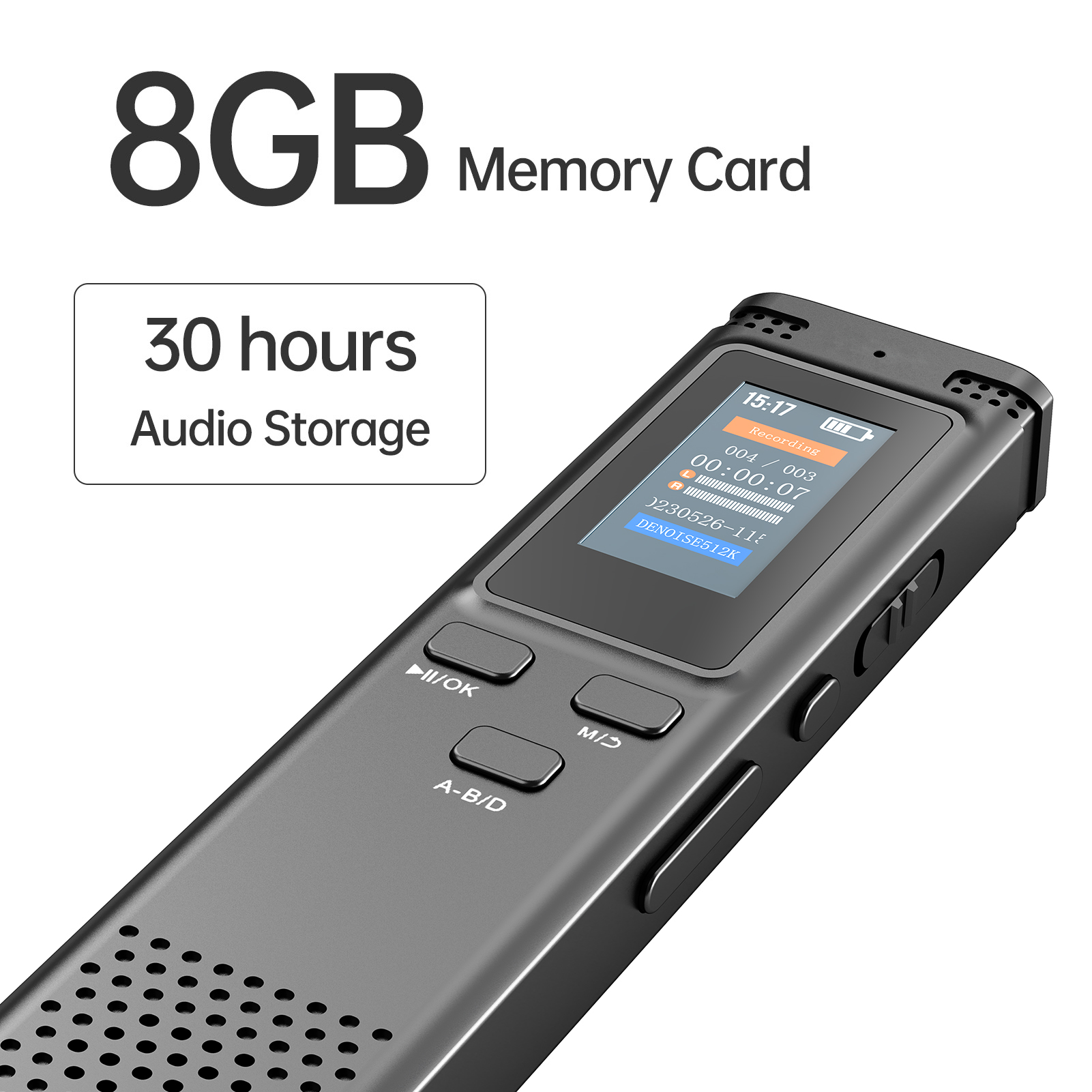 K66数码录音笔  内置插卡64G, 288小时储存时长, 0.96英寸彩屏TFT, 1536kbps最高录音比特率, 支持外放/插耳机/声控录音/录音增益等 内置锂电池