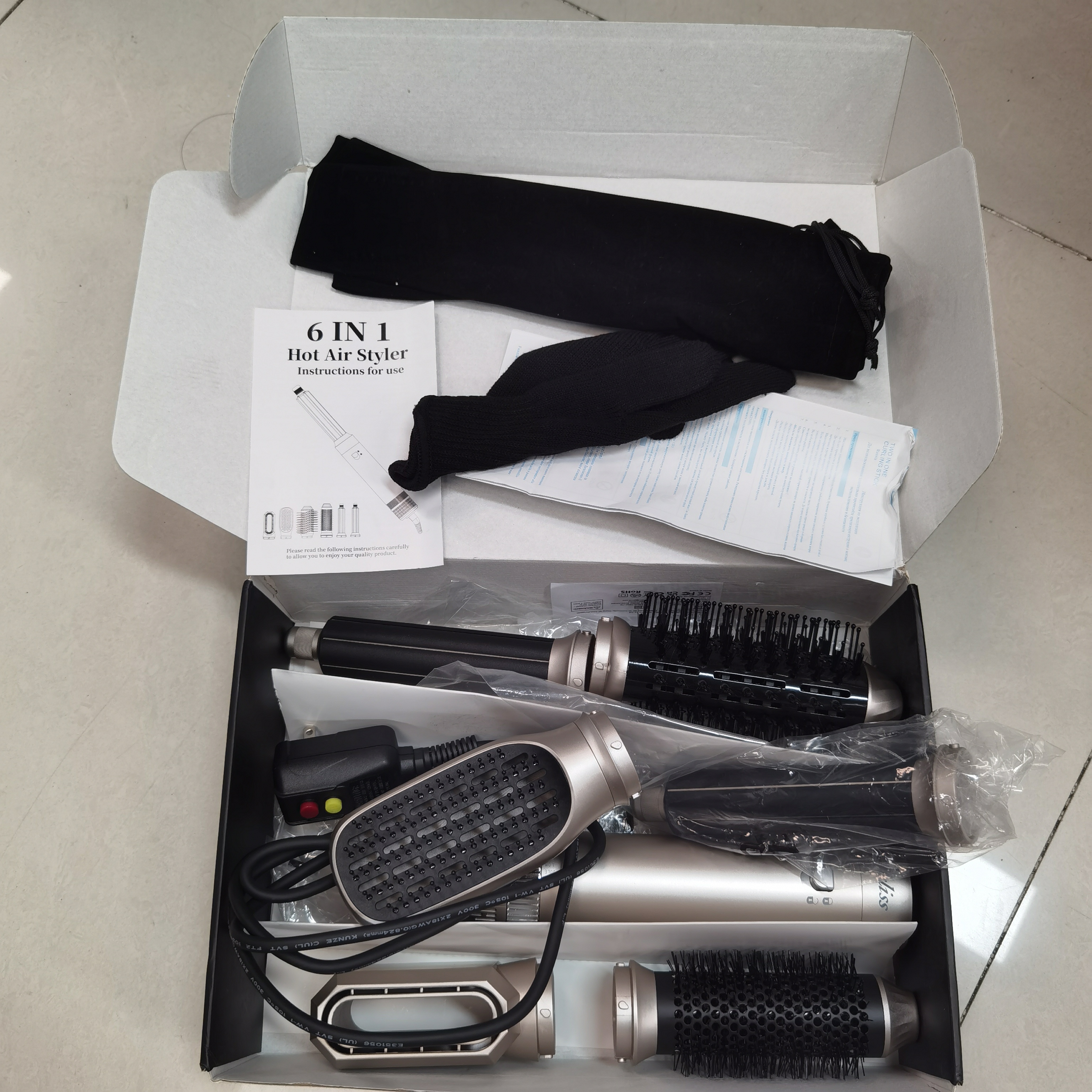 【新款】6合一造型吹风机 吹风筒/自动卷发器/热风梳/直发梳 1000W 3档温度调节(50℃-80℃-105℃) 金色美规100-120V