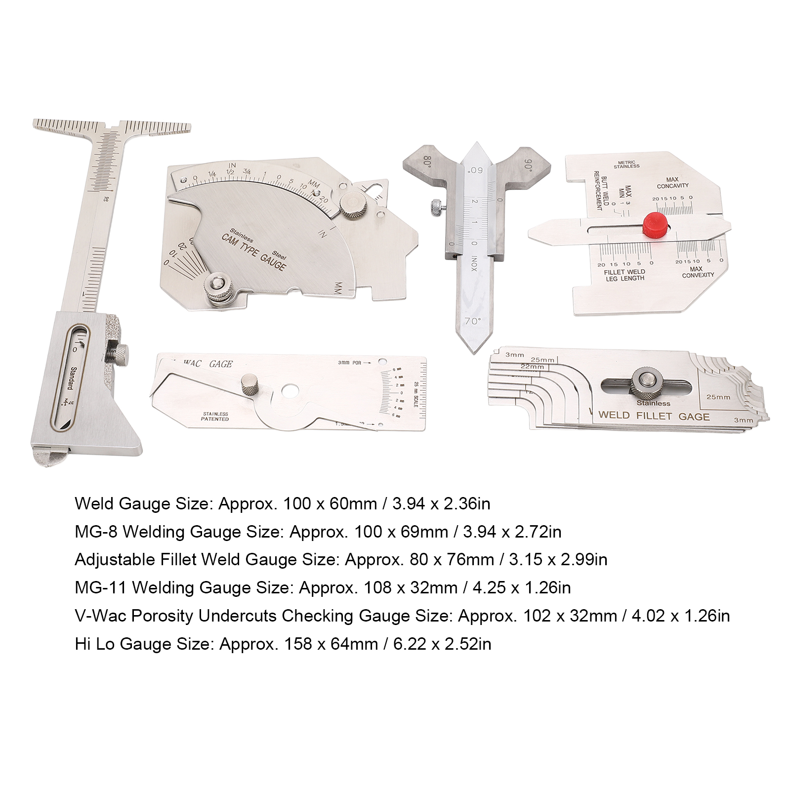 6Pcs/set Weld Gauge Set Fillet Include Hi Lo Gauge Porosity Undercuts Checking Gauge Angle Welding Equipment Measuring Tool