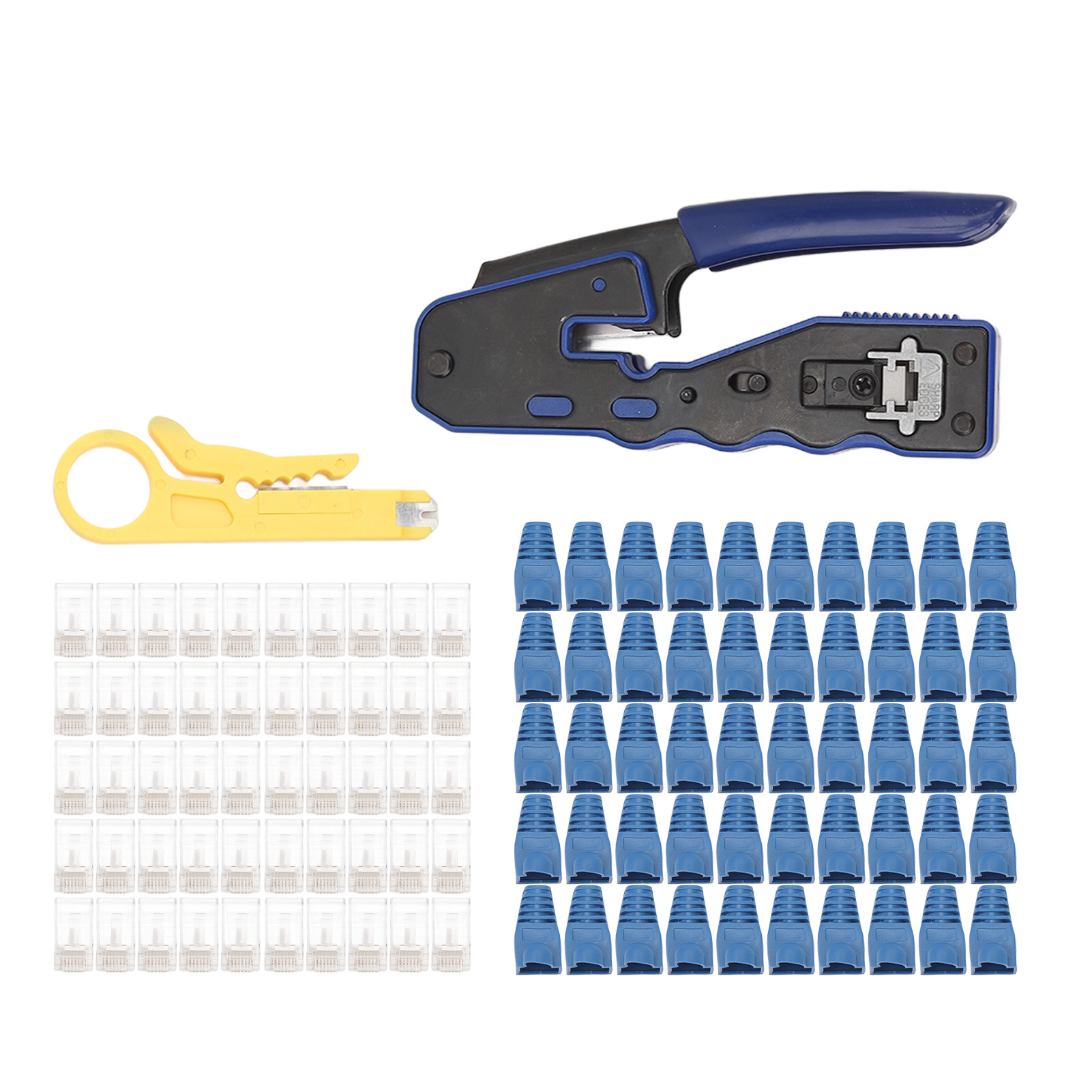 RJ45压接工具套装 用于 Cat5 Cat5e Cat6 Cat6a直通连接器的RJ45压接工具 带有50个Cat6水晶头 50个水晶头护套 1个剥线刀