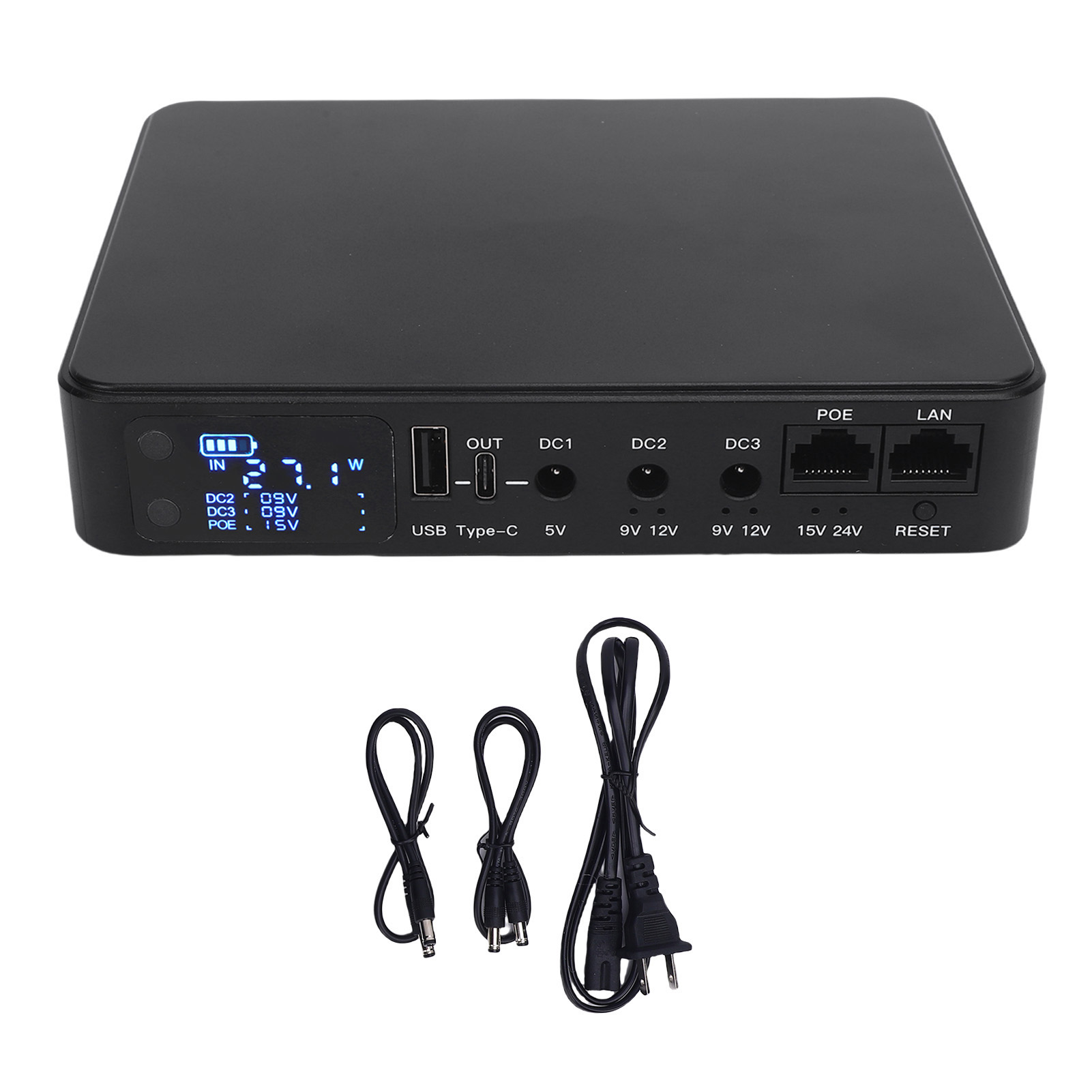 （有视频）数显款不间断电源 mini UPS不间断备用电源 18000mAh POE15V/24V 输出 USB 5V/9V/12V 适用于路由器、调制解调器、安全摄像头等（带内置电池发货）100-240V 欧规