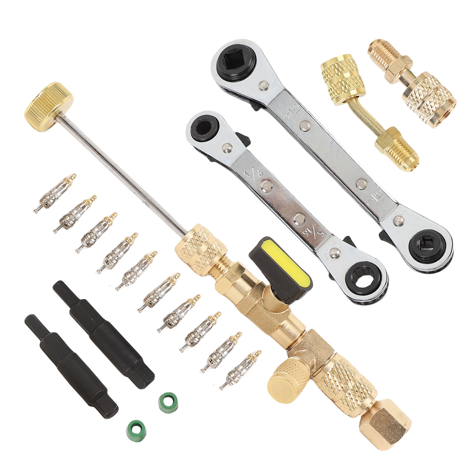 HVAC冷媒系统阀芯拆卸安装工具 带2双头四方棘轮扳手+气门芯*10+六角头适配器*2+转接头*3