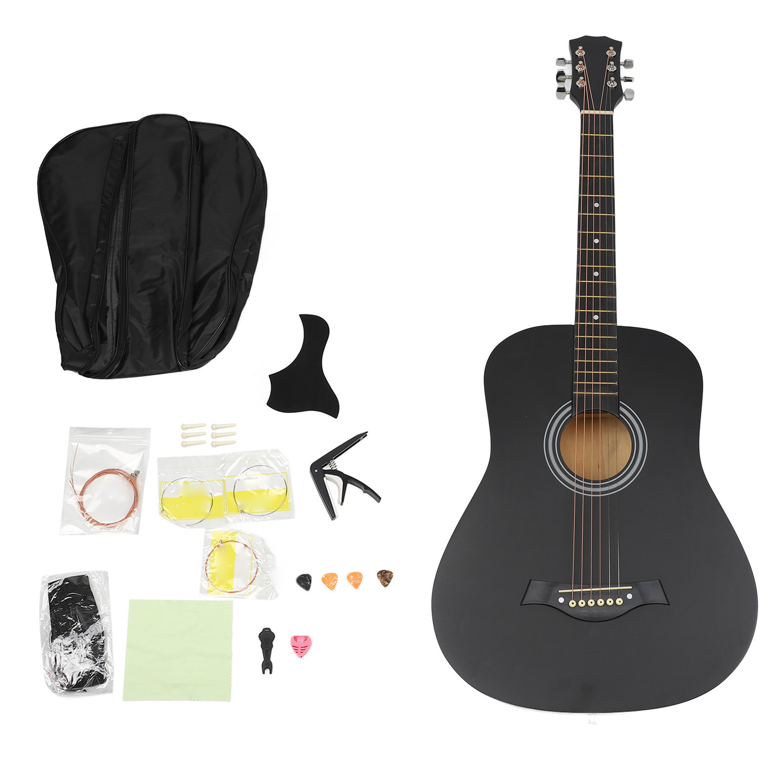 (墨西哥专卖)38英寸民谣圆桶练习琴吉他初学者入门级圆角GUITAR(38寸圆桶哑光 （黑色）（下单需改价且备注带一套配件+基础入门手册英文版）)
