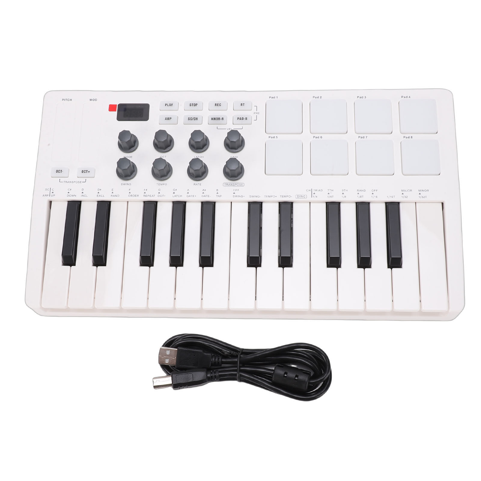 【白色】SMK-25便携式MIDI键盘 带8个RGB背光鼓垫 蓝牙 25键音乐电音键盘 8个旋钮和音乐制作软件 适用于电脑录音和音乐制作