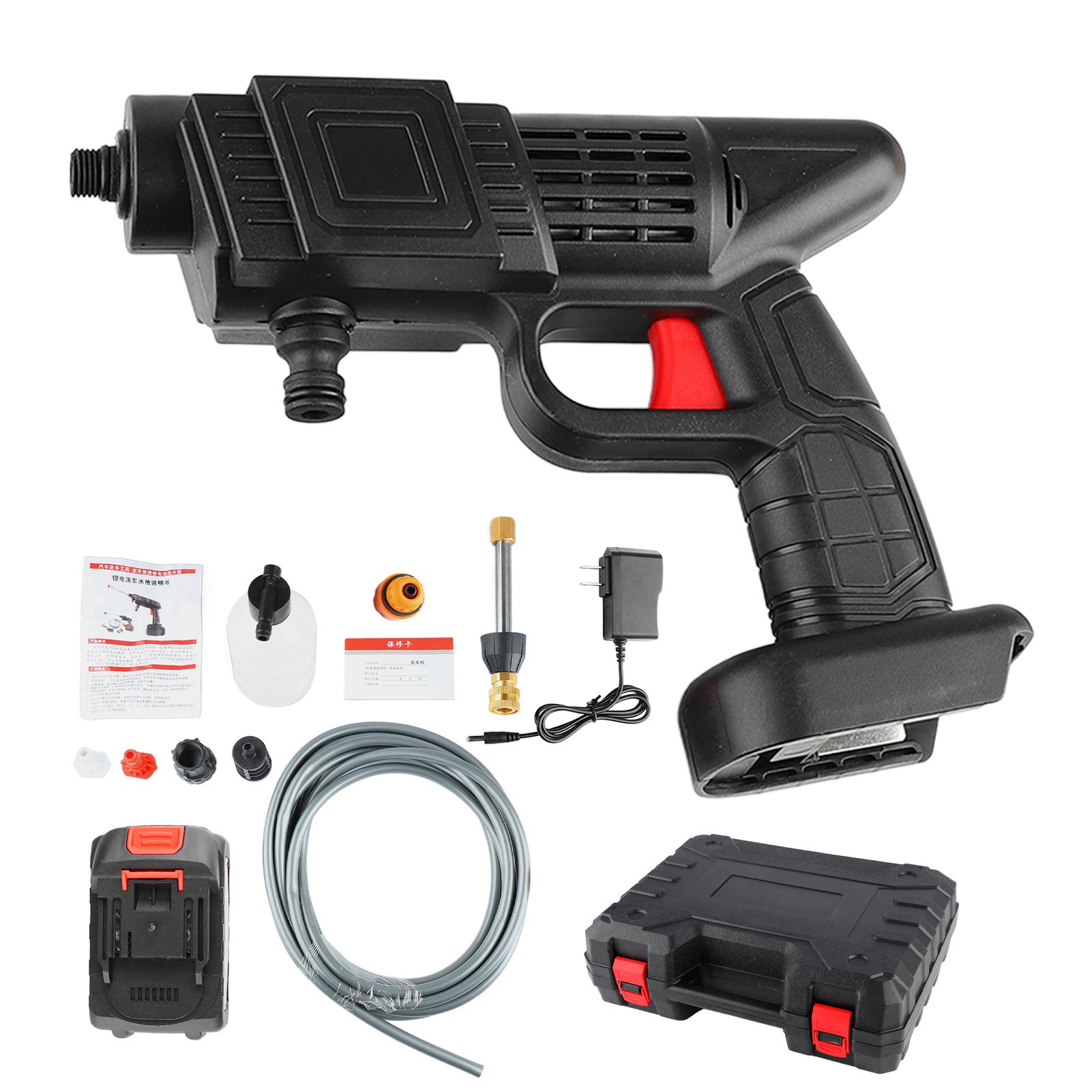 （墨西哥专卖）美规100v-240v家用电动洗车机充电洗车枪浇花锂电无线高压洗车神器48HV充电款+工具箱+纸盒(带配套电池发货）