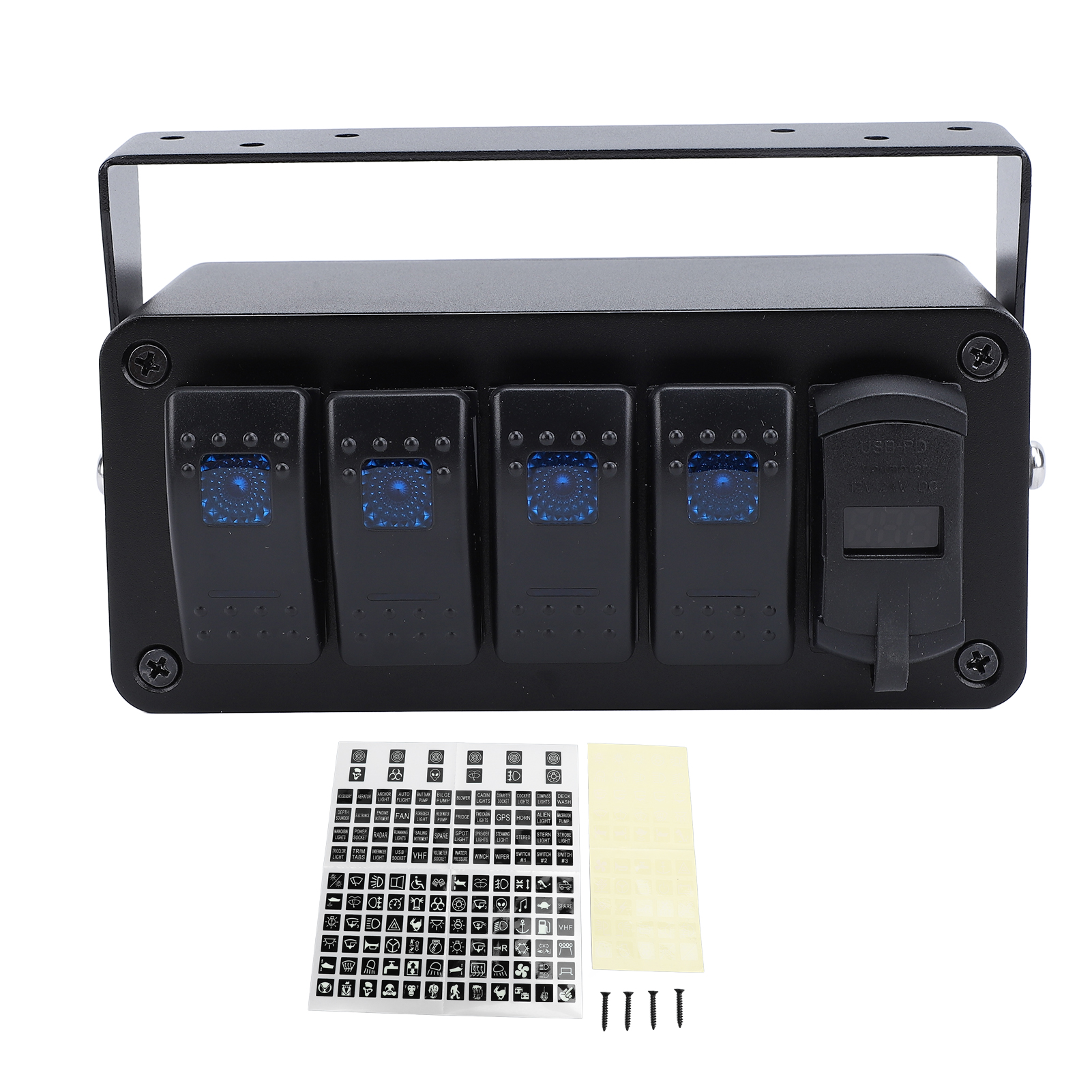 DC 12-24V 4 Gang翘板开关盒 带PD C型和QC3.0 USB充电器电压表防水铝制摇杆开关面板 适用于汽车 卡车 船 RV 拖车 UTV/ATV等 红灯