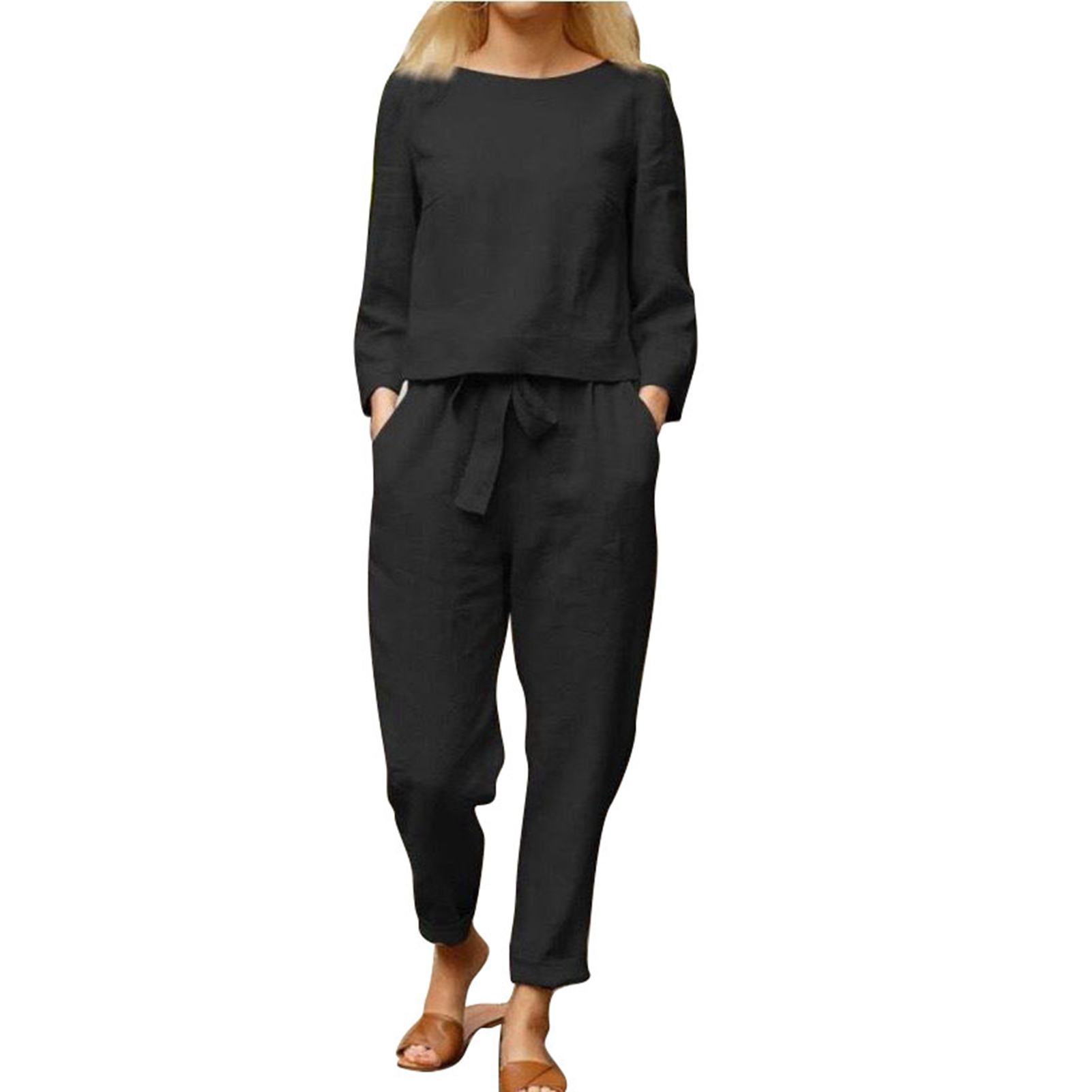 （服装组）亚麻套装女装时尚纯色休闲两件套2022外贸春夏简约复古松紧腰系带黑色S