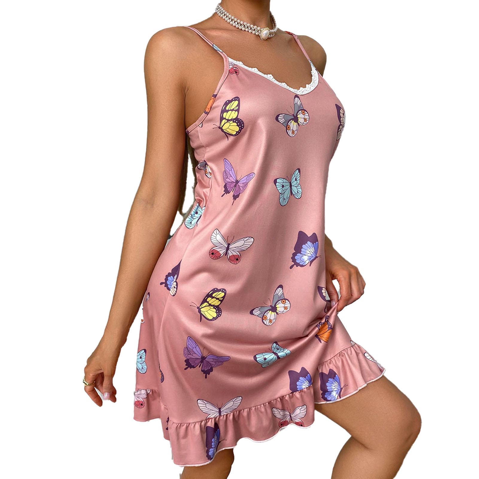 （服装组）女士印花家居服吊带荷叶摆睡裙无袖蕾丝花边连衣裙青色XL