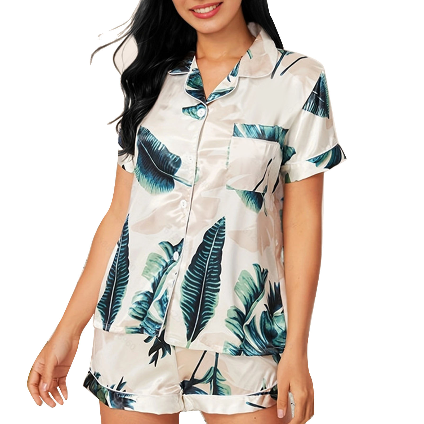 （服装组）欧美跨境家居服睡衣女套装短袖短裤粉条纹XL