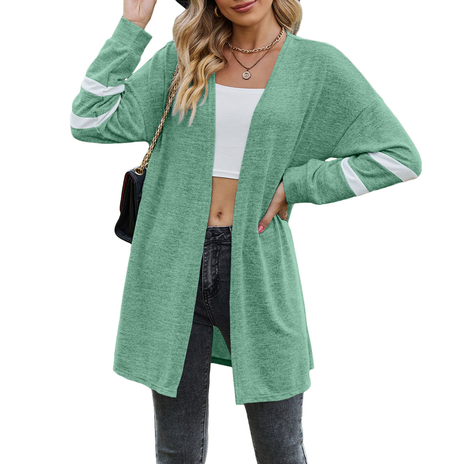 （服装组）女装长袖卫衣拼接撞色针织开衫外套卡其色XXL
