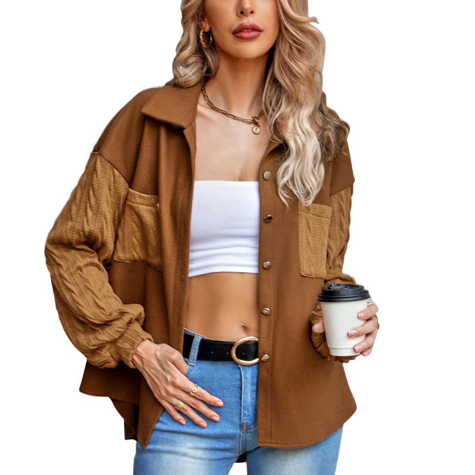 （服装组）女装时尚单排扣针织外套女焦糖色XL
