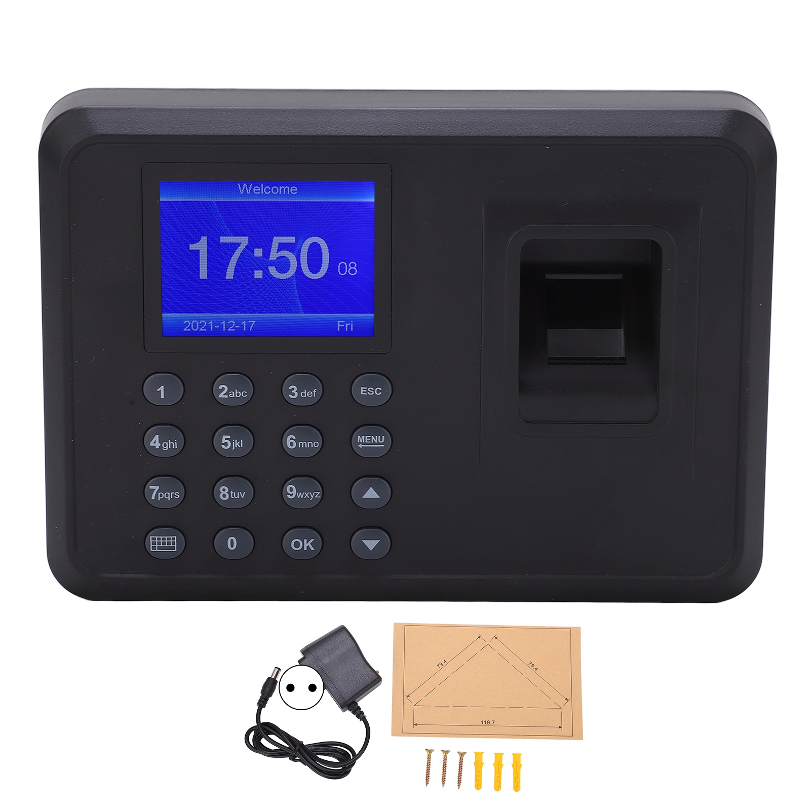 F01 2.4"指纹考勤机 手指密码录取出勤机 上下班打卡签到机（英文版）AC100-240V欧规英语