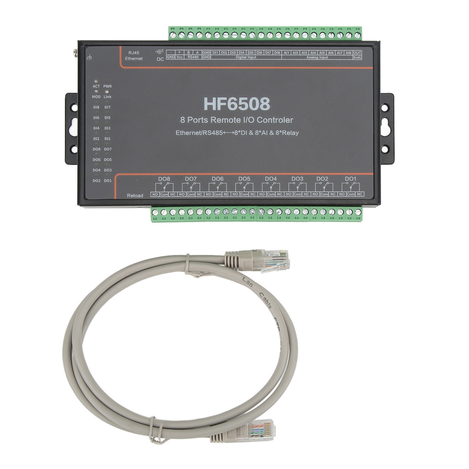 8路远程IO继电器网络控制器 多路控制开关串口modbus网关 DTU HF6508 5~40V