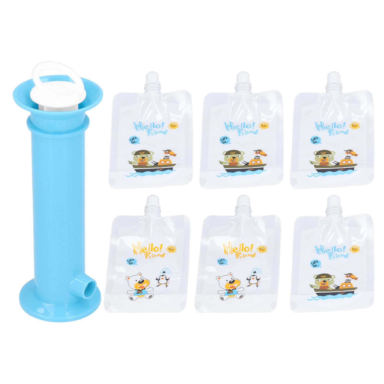 （有视频）7件套果泥灌装器 婴儿水果榨汁器 婴儿食品储存袋（袋子图案随机）（100ML*2、150ML*2、200ML*2）蓝色