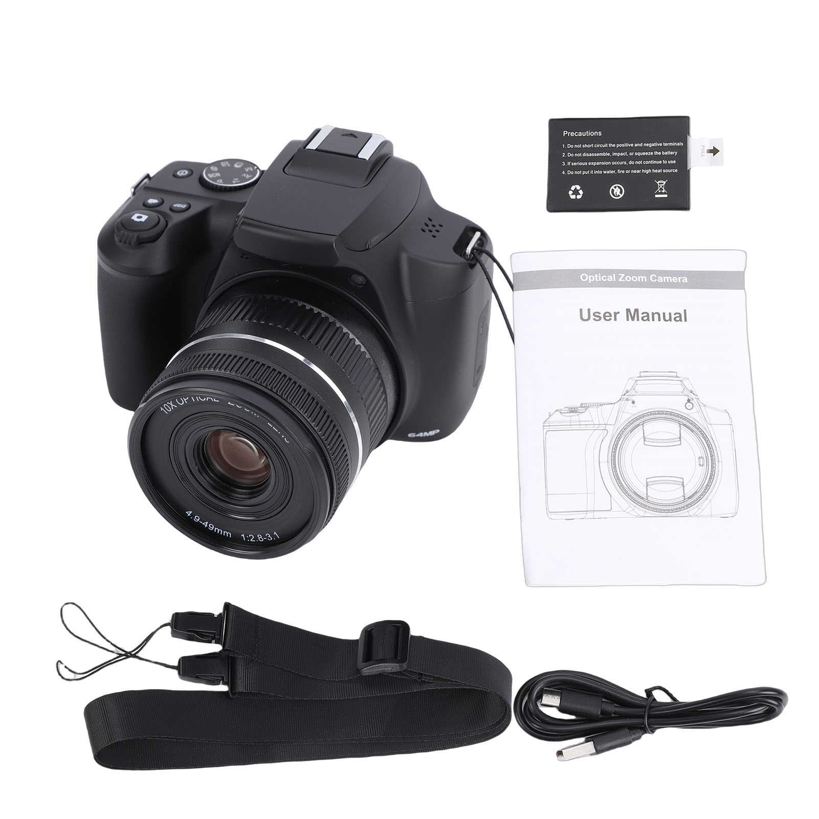用于摄影和视频的64MP 数码相机，用于 YouTube 的 4K Vlog 相机，带 3 英寸屏幕，10X光学变焦，4倍数码变焦、WiFi 和自动对焦、相机背带