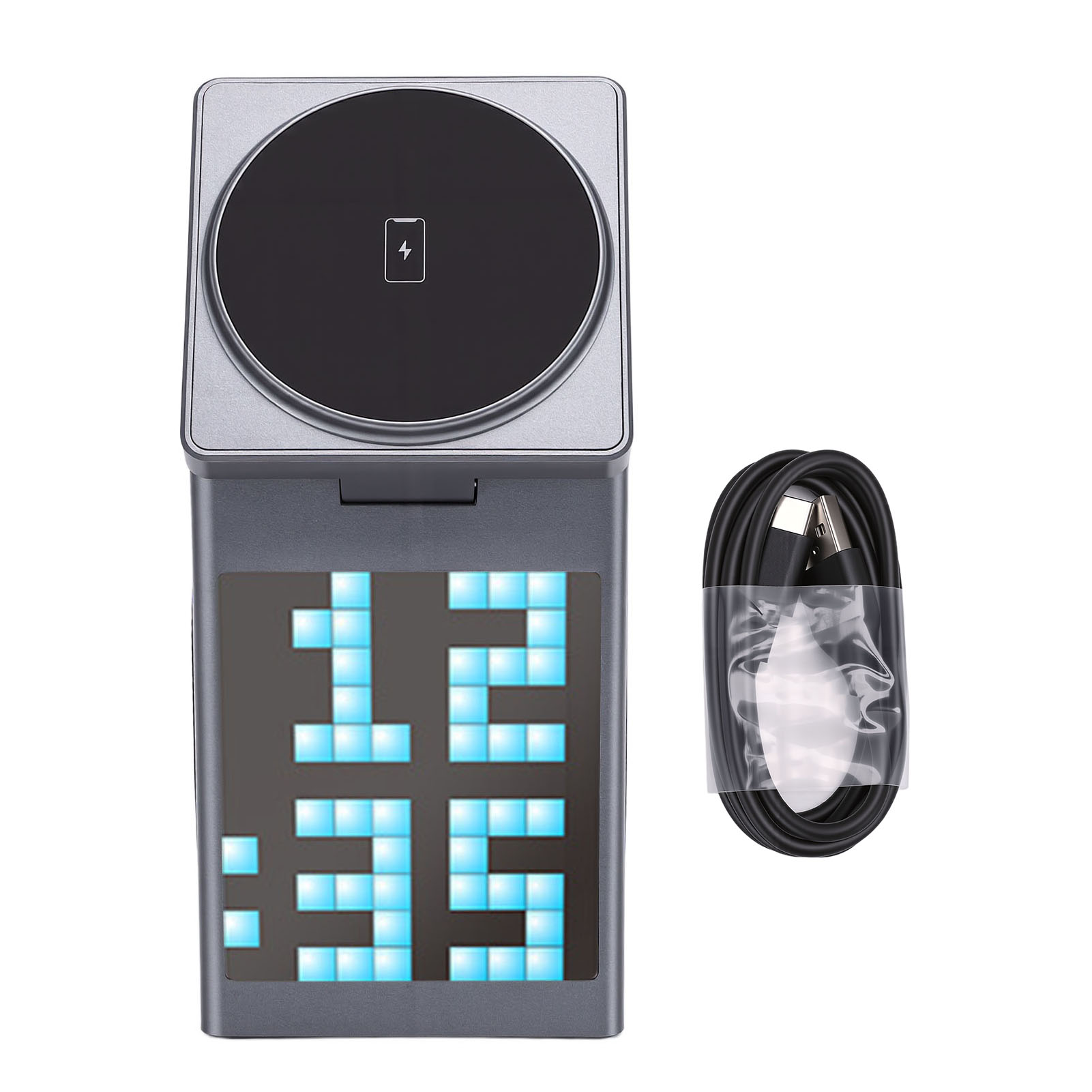 六合一无线充电器 蓝牙扬声器 像素动画显示器 适用于Apple Mag-Safe iPhone 17 16e 16 15 14 13 12 Pro Max iWatch和AirPods快速充电站的数字闹钟