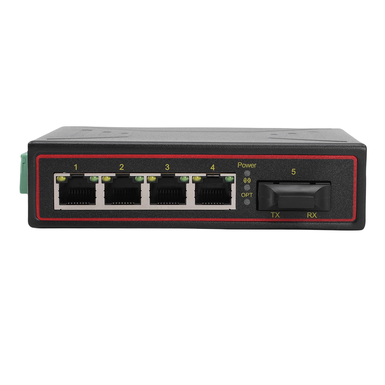TX1006-IP175GHI 以太网光纤媒体转换器 1光口 4电口 10/100M 双纤光纤交换机 卡轨式工业交换机