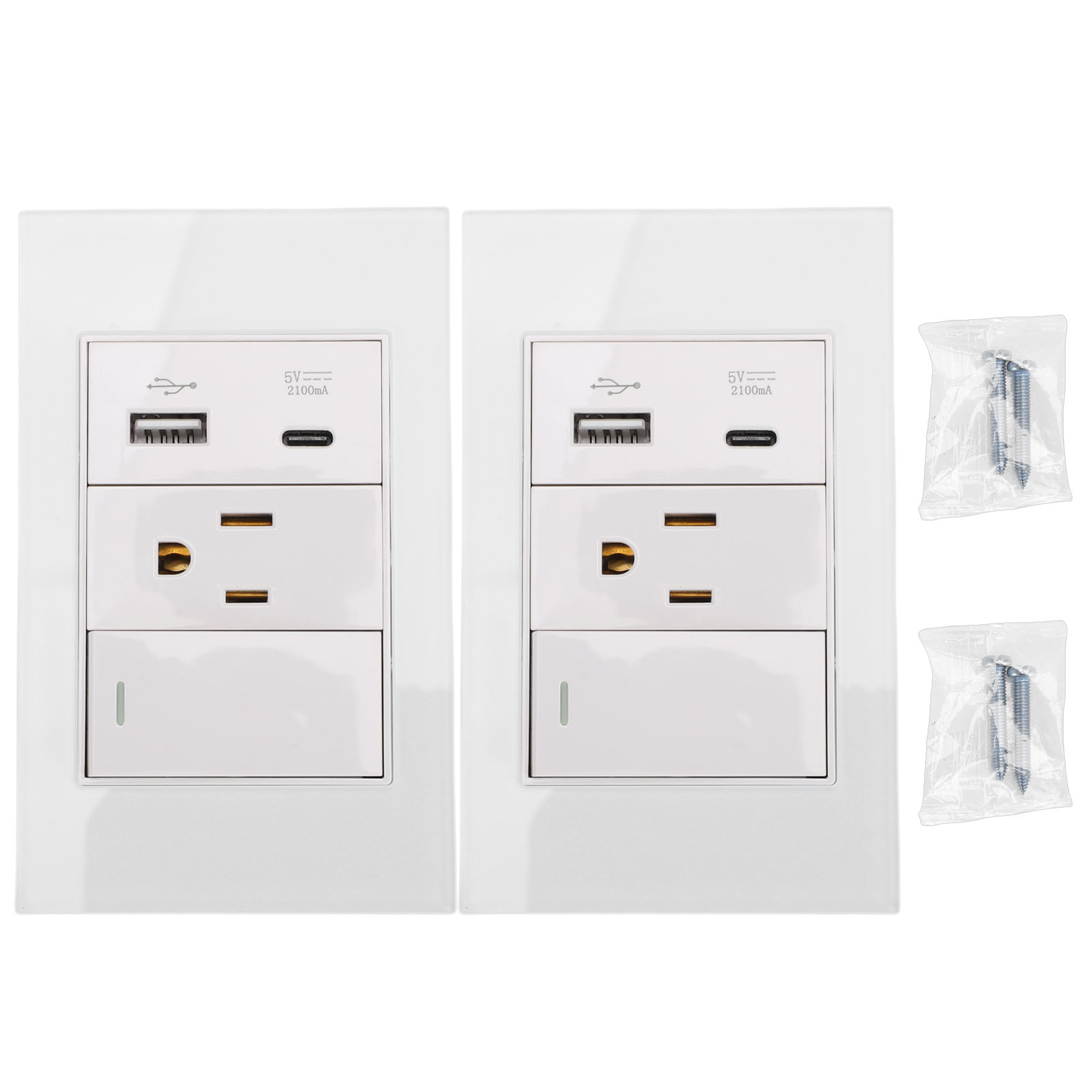 2PCS118型美规15A三孔加USB2.1A5V10W美标插座开关插座面板 白色玻璃一开单控+三孔+AC美规