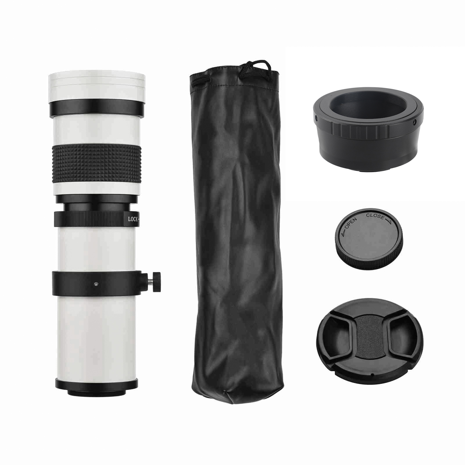 [通拓商品]CL015 相机超长焦镜头+T2-M4/3卡口转接环套装 手动对焦 420-800mm F/8.3-16超级变焦 T卡口 带1/4螺孔 适用松下和奥林巴斯M4/3接口相机（12/箱，按箱采购）黑色