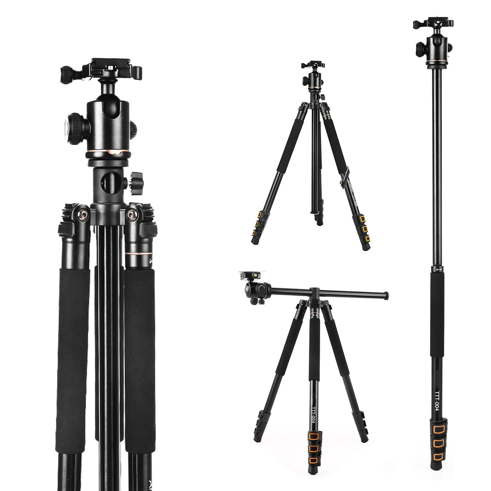 TTT-004 200cm/78.7英寸中轴横置铝合金三脚架 4节伸缩 可拆独脚架 带球形云台 带收纳包 最大承重8kg 金色（D8903的退税SKU）