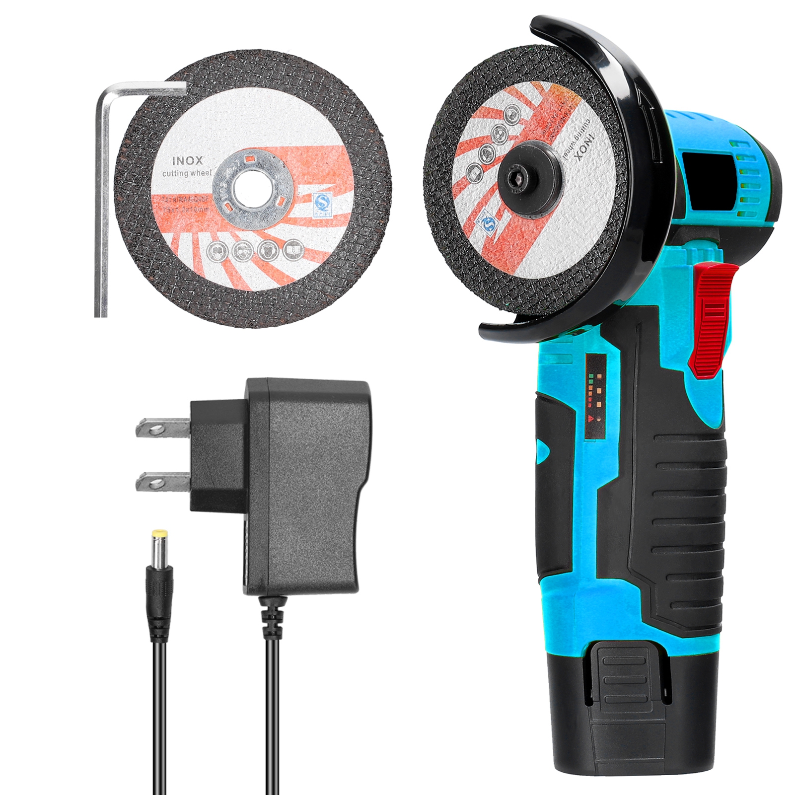 [通拓商品]12V 19500rpm迷你小角磨机 家用充电角磨机 多功能防尘手持切割机 电磨机砂轮机 小型切割抛光打磨工具 有刷电机，1200mAh锂电池，带两个切割片 【二电一充，欧规220V，牧田蓝，品牌：Geevorks】