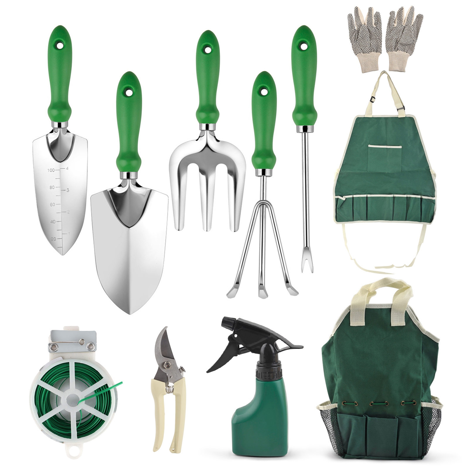 [通拓商品]园林工具套装11件套 包含2个铲子+挑根器+耙子+三爪叉+围裙+工具收纳包+喷壶+修枝剪+1双手套+绑枝线圈 绿色