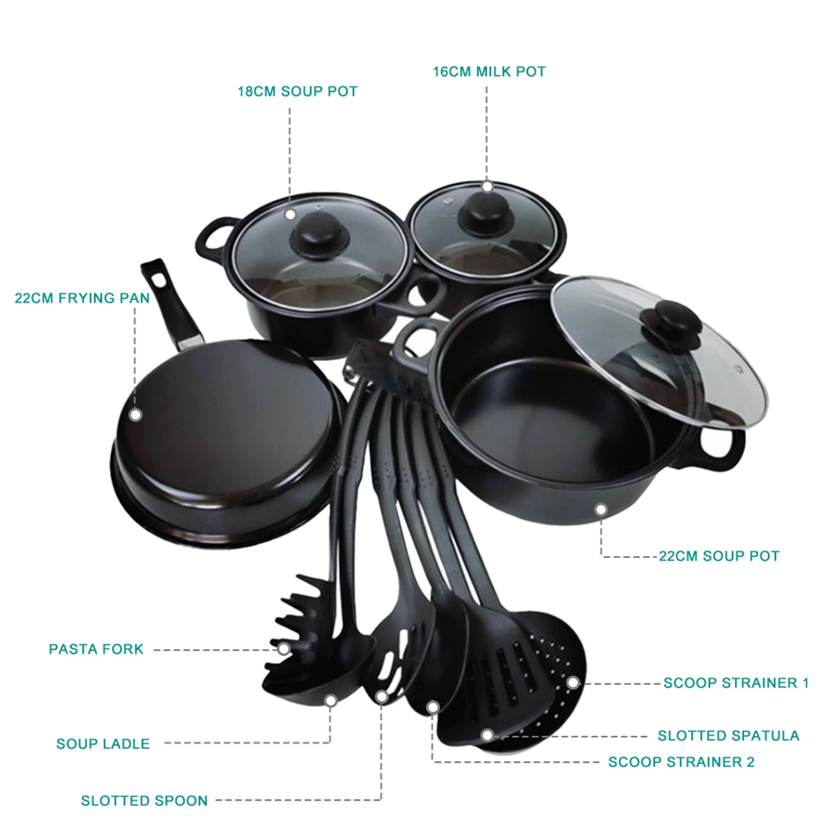 Juego de herramientas y sartenes, juego de utensilios de cocina antiadherentes de 13 piezas, juego de utensilios de cocina de inducción con sartenes, cacerollas y ollas, color negroOtros accesorios para barbacoa y placa - details 2