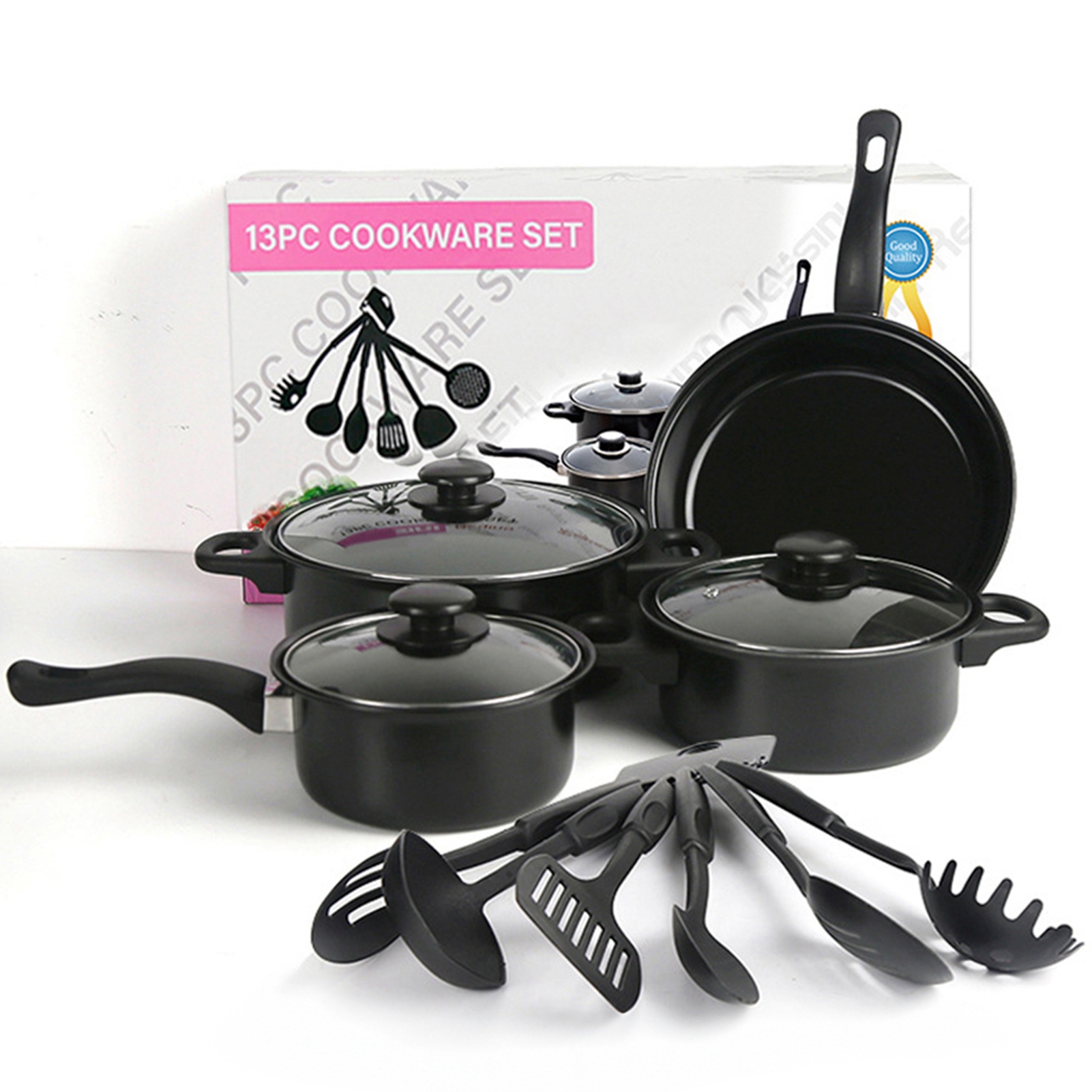 Juego de herramientas y sartenes, juego de utensilios de cocina antiadherentes de 13 piezas, juego de utensilios de cocina de inducción con sartenes, cacerollas y ollas, color negroOtros accesorios para barbacoa y placa - details 0