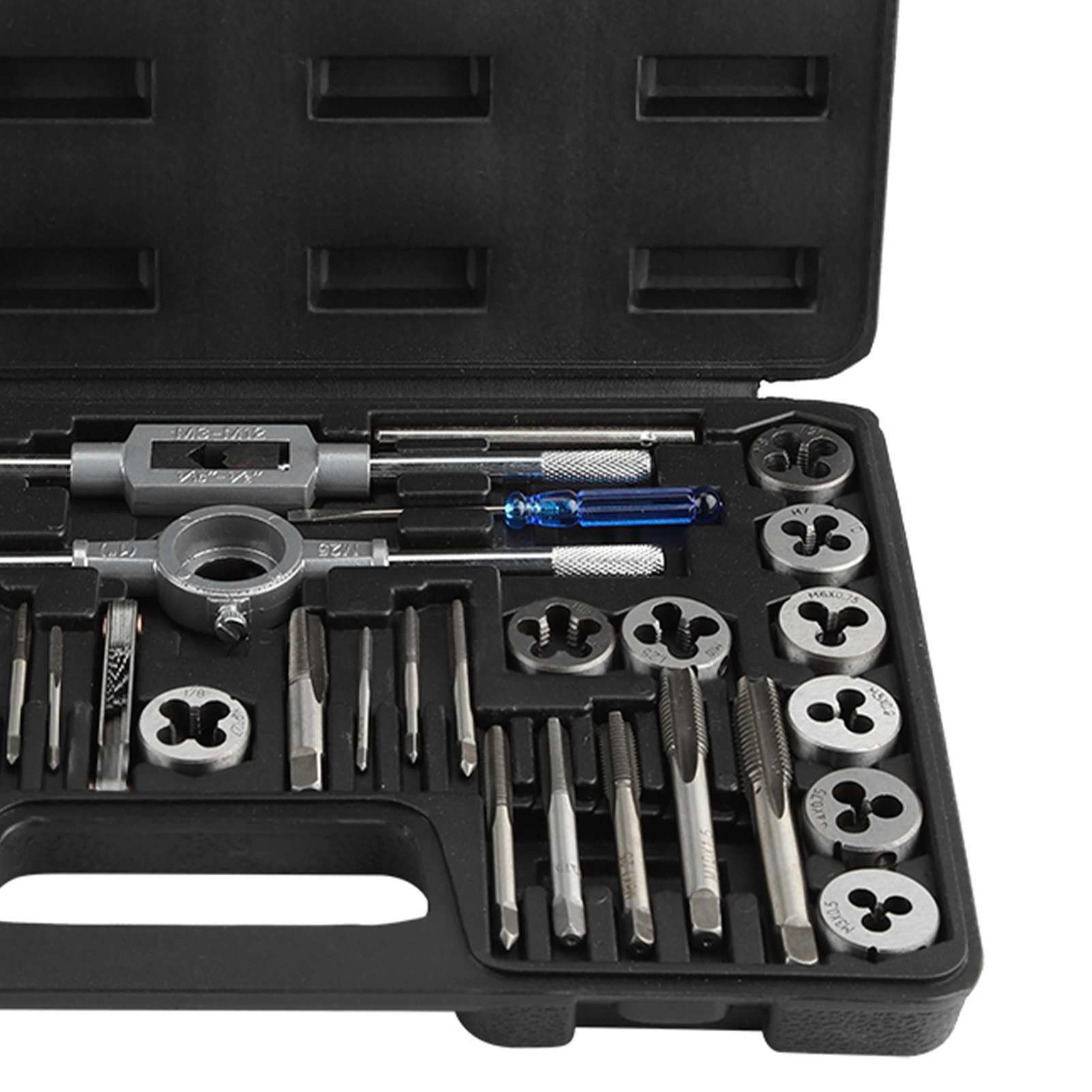 Juego de Machos de Roscar y terrajas de 40 piezas, juego de Machos de roslar y terrajas de flauta M3 a M12 con extractores de tornillos, para Máquinas de precisión, módulos de precisión, transformadores, machos de Roscar y terrajas - details 1