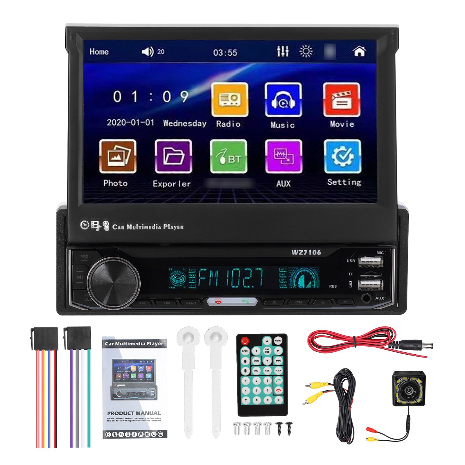 [通拓商品]WZ7106 7寸车载单锭手动伸缩机MP5 汽车音响播放器 支持蓝牙免提通话/倒车影像/手机互联/方向盘控制 配遥控器（内置纽扣电池） 配12灯后置摄像头 黑色
