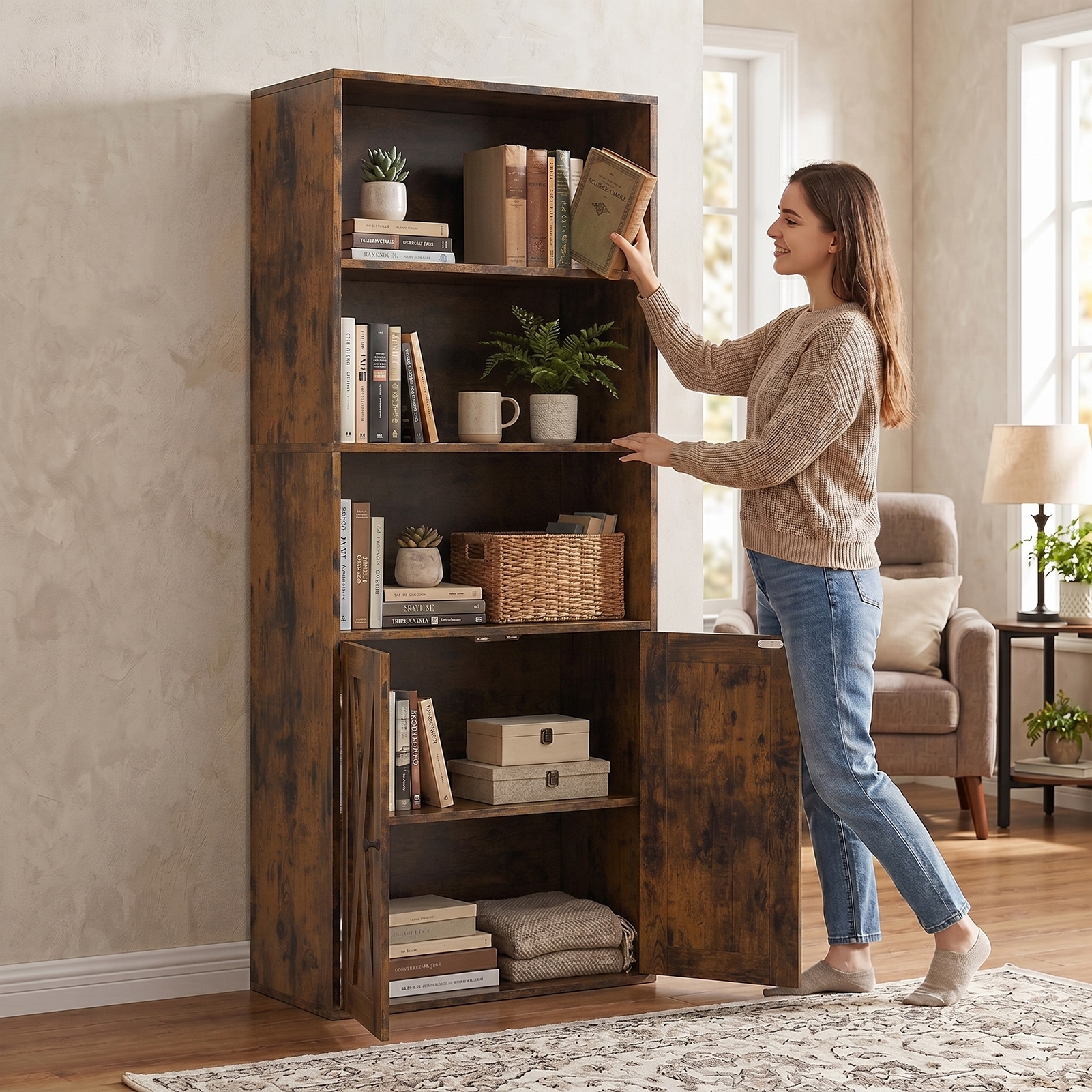 59.7 Inch Tall Industrial Bookshelf Wood 5 Tier Bookcase Freestanding Display Bookshelf with 2 Doors for Bedroom Living Room Retro Brown