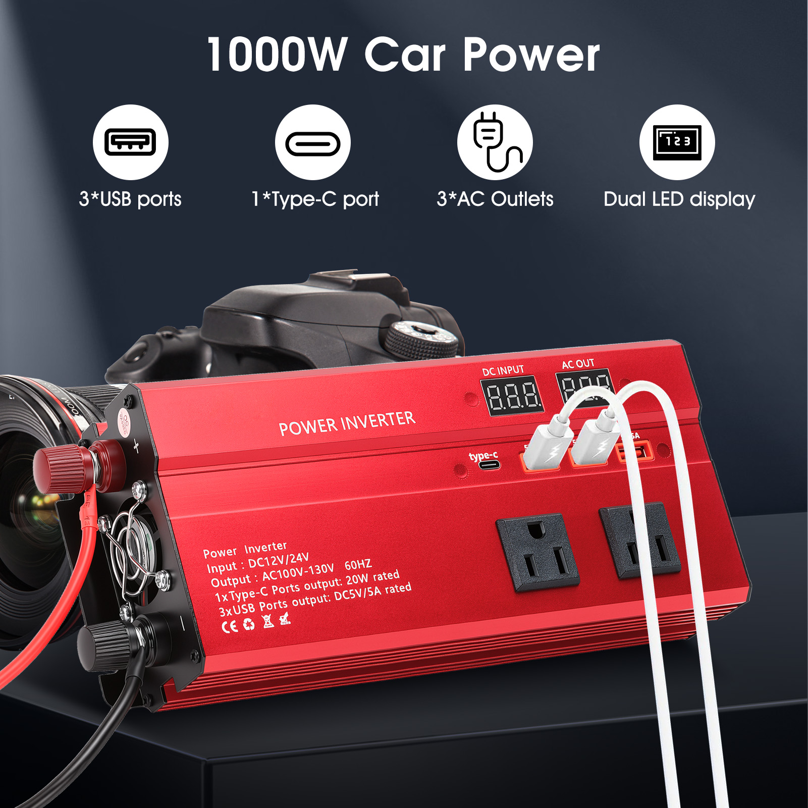 1000W Car Power Inverter, 12V/24V Car Plug Adapter Outlet Converter for Cars